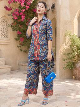 WineRed - Women Blue Cotton Top and Pant
