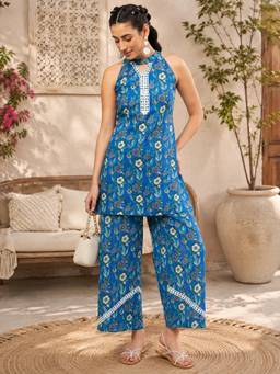 WineRed - Women Blue Cotton Top and Pant