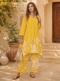 WineRed - Women Yellow Cotton Kurta and Palazzo