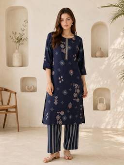 INDO STREET - Women Navy Blue Rayon Kurta and Pant