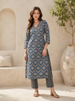 INDO STREET - Women Teal Cotton Kurta and Pant