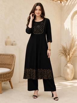 INDO STREET - Women Black Rayon Kurta and Pant
