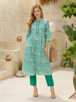 INDO STREET - Women Green Cotton Kurta and Pant