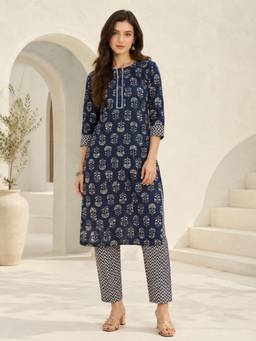 INDO STREET - Women Navy Blue Cotton Kurta and Pant