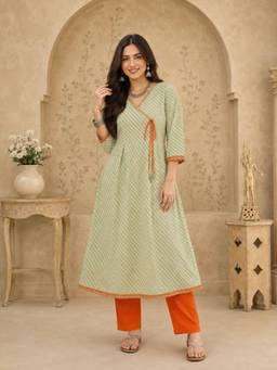 INDO STREET - Women Green Cotton Kurta and Pant