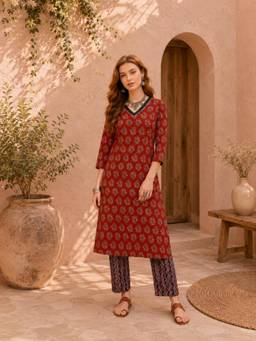 INDO STREET - Women Maroon Cotton Kurta and Pant