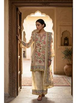 HERITAGE - Women Beige Tissue Kurta with Palazzo and Dupatta