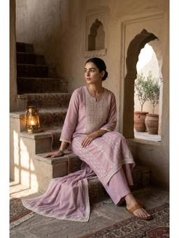 HERITAGE - Women Pink Chanderi Kurta with Pant and Dupatta