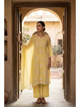 HERITAGE - Women Yellow Chanderi Kurta with Pant and Dupatta