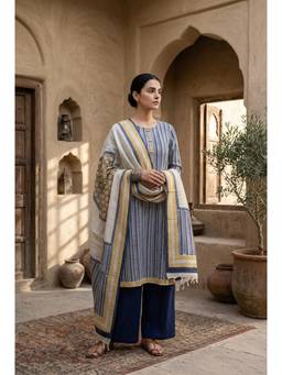 HERITAGE - Women Blue Linen Kurta with Pant and Dupatta
