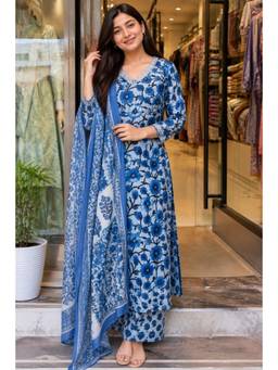 Rajnandini - Women Blue Cotton Kurta with Bottom and Dupatta