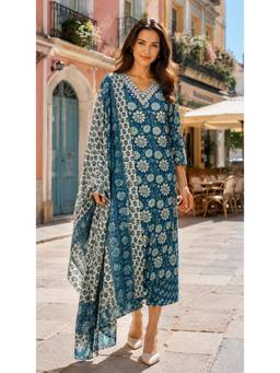 Rajnandini - Women Teal Cotton Kurta with Bottom and Dupatta