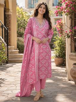 Rajnandini - Women Pink Cotton Kurta with Bottom and Dupatta