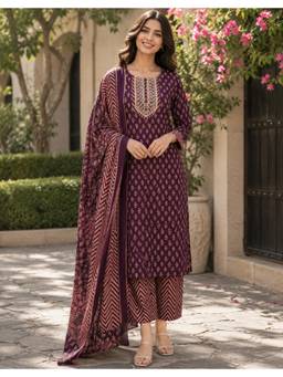 Rajnandini - Women Wine Cotton Kurta with Bottom and Dupatta