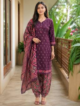 Rajnandini - Women Wine Cotton Kurta with Bottom and Dupatta