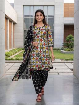 Rajnandini - Women Beige Cotton Kurta with Bottom and Dupatta