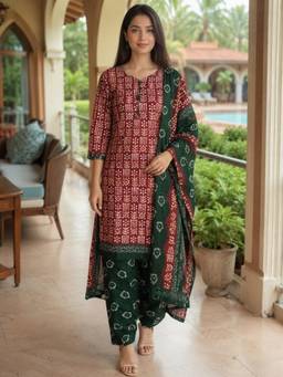 Rajnandini - Women Maroon Cotton Kurta with Bottom and Dupatta