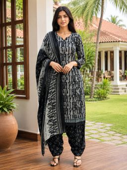 Rajnandini - Women Black Cotton Kurta with Bottom and Dupatta