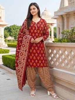 Rajnandini - Women Maroon Cotton Kurta with Bottom and Dupatta