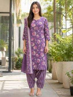 Rajnandini - Women Lavender Cotton Kurta with Bottom and Dupatta