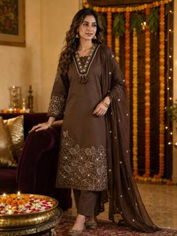 BERRYLICIOUS - Women Brown Cotton Kurta with Pant and Dupatta