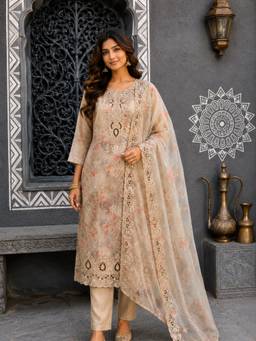 BERRYLICIOUS - Women Beige Chanderi Kurta with Pant and Dupatta