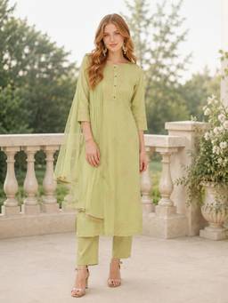 INDO STREET - Women Green Muslin Kurta with Pant and Dupatta
