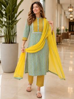 INDO STREET - Women Green Cotton Kurta with Pant and Dupatta