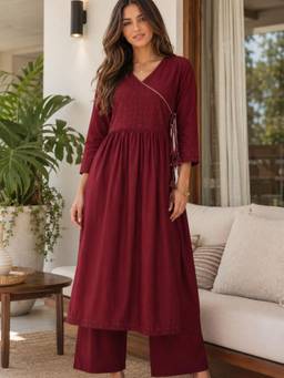 INDO STREET - Women Maroon Muslin Kurta with Pant and Dupatta