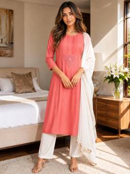 INDO STREET - Women Coral Muslin Kurta with Pant and Dupatta