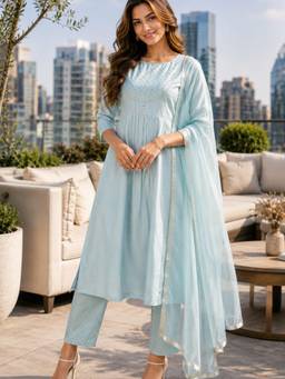 INDO STREET - Women Blue Muslin Kurta with Pant and Dupatta