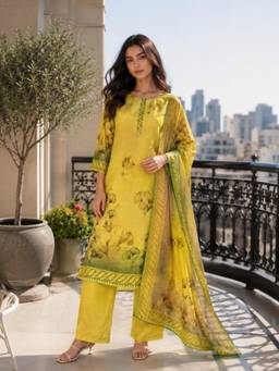 INDO STREET - Women Mustard Art Silk Kurta with Pant and Dupatta