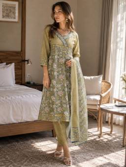 INDO STREET - Women Mustard Art Silk Kurta with Pant and Dupatta