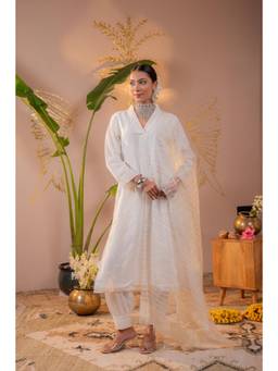 Juniper - Women White Cotton Kurta with Pant and Dupatta