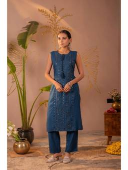 Juniper - Women Navy Blue Viscose Kurta and Pant