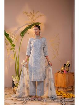 Juniper - Women Grey Cotton Kurta with Pant and Dupatta