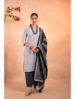 Juniper - Women Grey Cotton Kurta with Pant and Dupatta