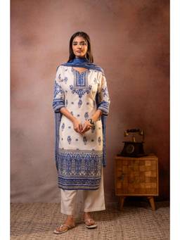 Juniper - Women Off White Cotton Kurta with Pant and Dupatta