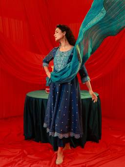 Juniper - Women Navy Blue Nylon Kurta with Pant and Dupatta