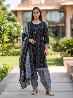 Rajnandini - Women Black Cotton Kurta with Bottom and Dupatta