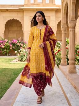 Rajnandini - Women Yellow Cotton Kurta with Bottom and Dupatta