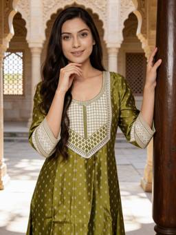 Rangita - Women Olive Viscose Kurta with Pant and Dupatta