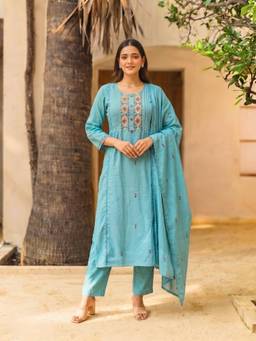 Rangita - Women Blue Cotton Kurta with Pant and Dupatta