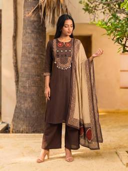 Rangita - Women Brown Cotton Kurta with Pant and Dupatta