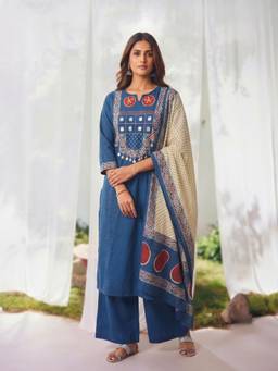 Rangita - Women Blue Cotton Kurta with Pant and Dupatta