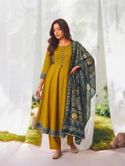 Rangita - Women Mustard Rayon Kurta with Pant and Dupatta