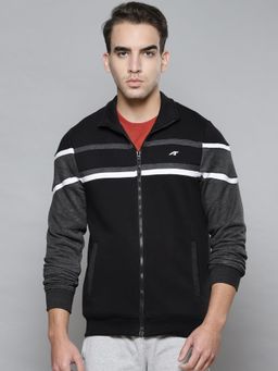 Alcis - Men Black Charcoal Grey Melange Solid Cotton Regular Outdoor Sporty Jacket