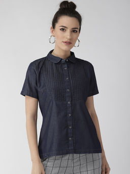Xpose - Women Navy Blue Comfort Regular Fit Denim Solid Casual Shirt