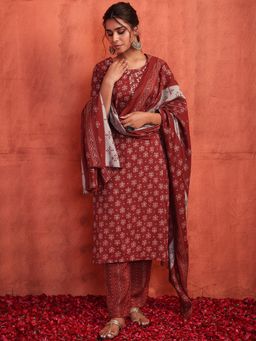 Indya - Red Floral Print Embroidered Chanderi Kurta With Pants And Printed Dupatta (Set of 3)