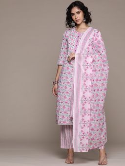 Readiprint - Women Pink Pure Cotton Floral Kurta with Pant and Dupatta (Set of 3)
